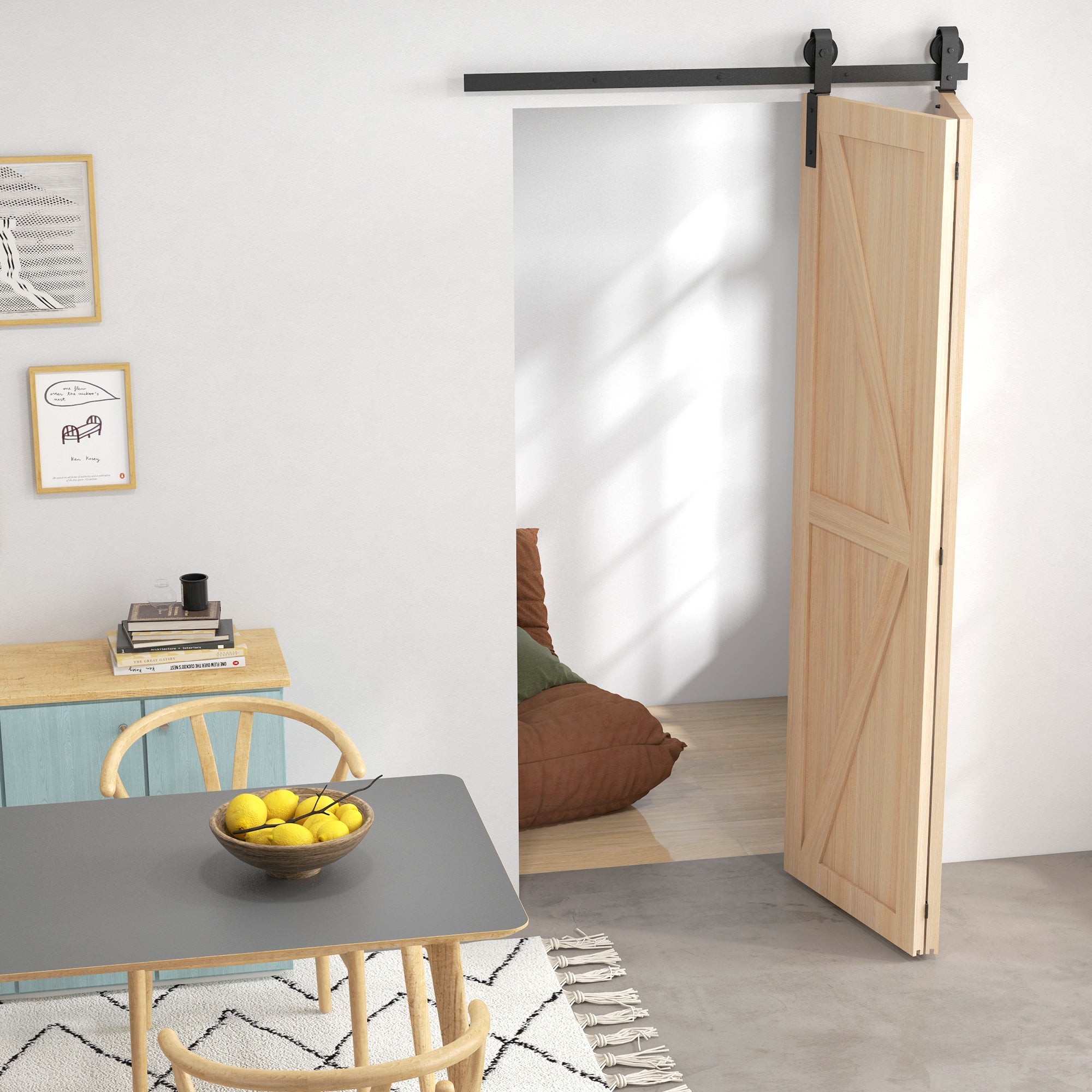 122 CM Sliding Door Hardware Set for Folding Doors Black system for 2 doors with J-shaped hanging