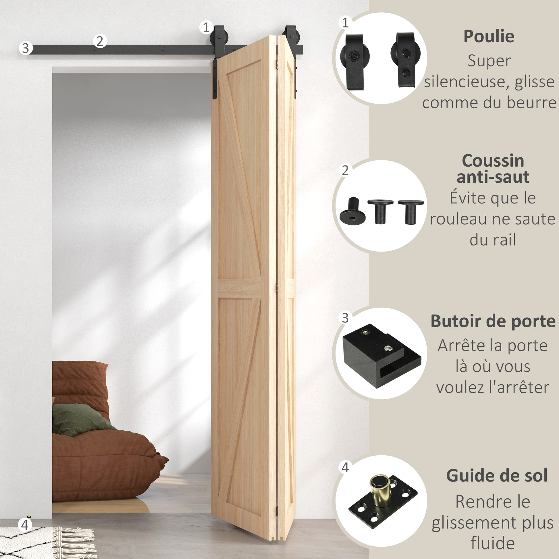 122 CM Sliding Door Hardware Set for Folding Doors Black system for 2 doors with J-shaped hanging