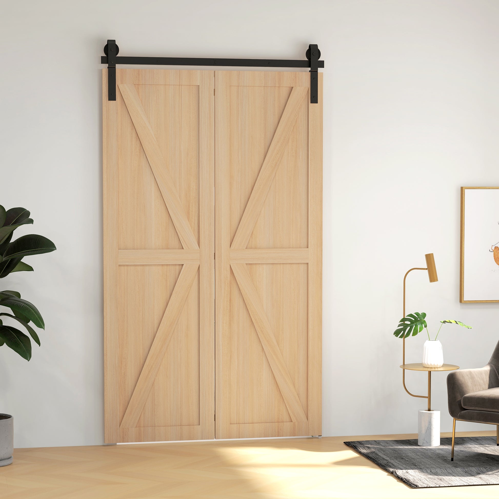 122 CM Sliding Door Hardware Set for Folding Doors Black system for 2 doors with J-shaped hanging