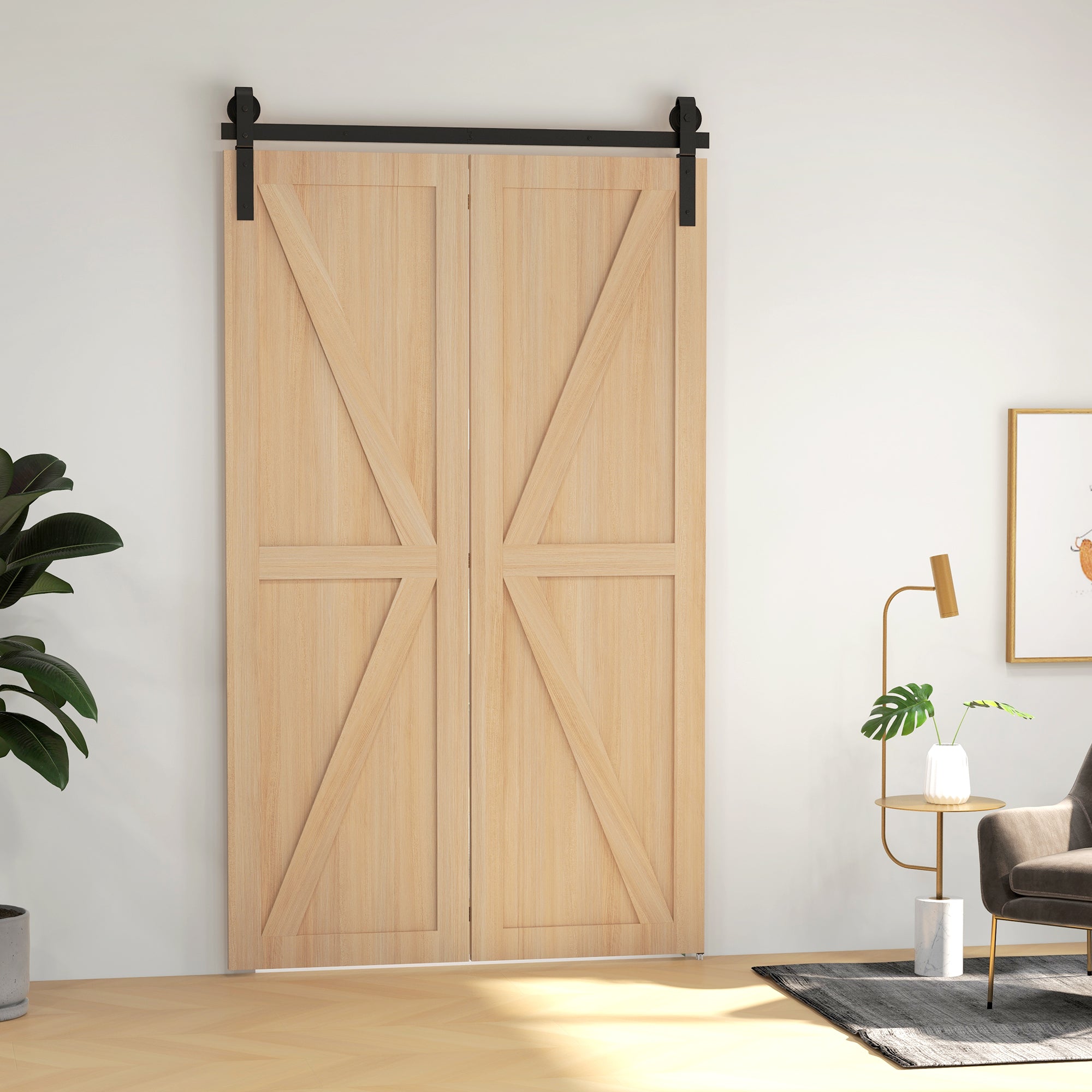 122 CM Sliding Door Hardware Set for Folding Doors Black system for 2 doors with J-shaped hanging