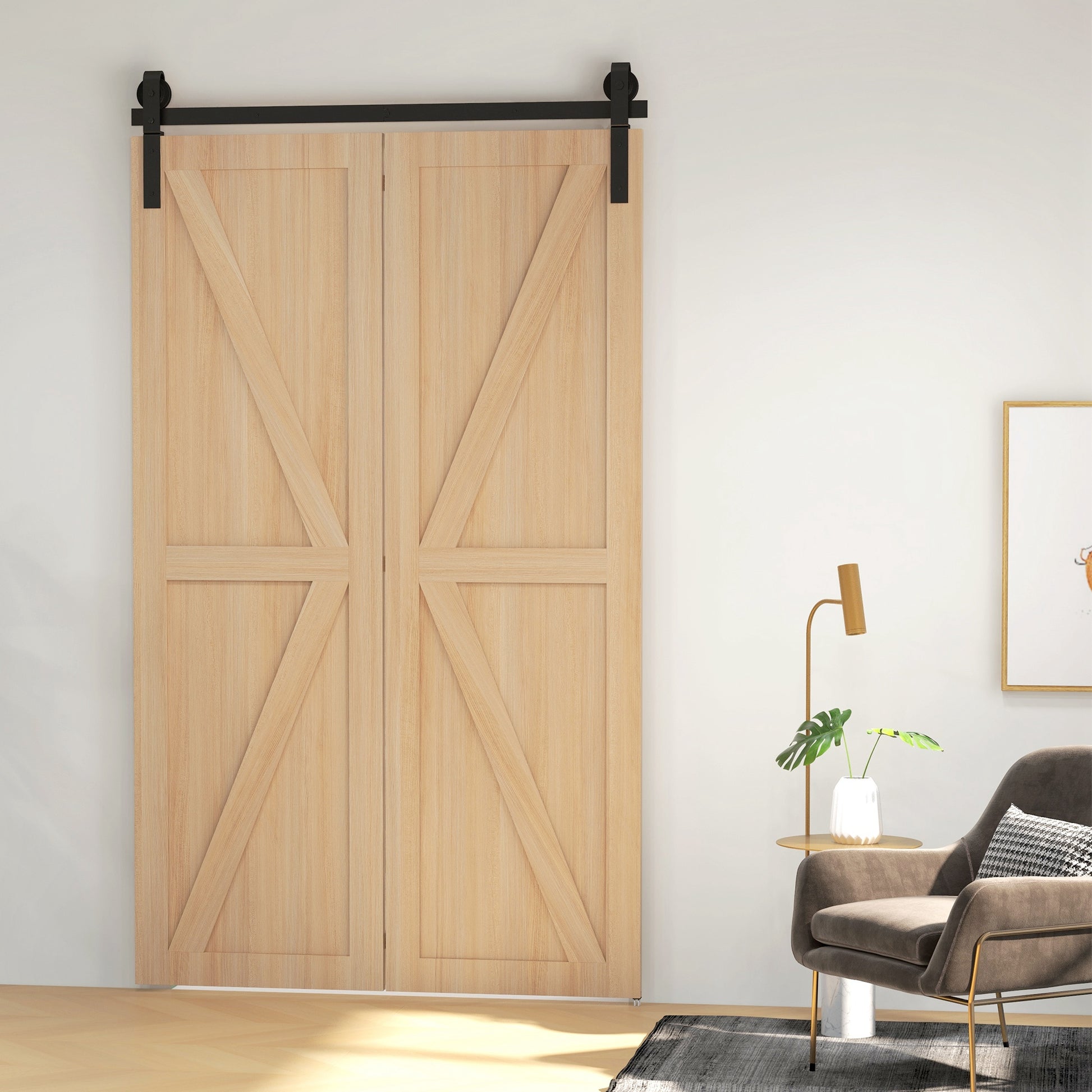 122 CM Sliding Door Hardware Set for Folding Doors Black system for 2 doors with J-shaped hanging