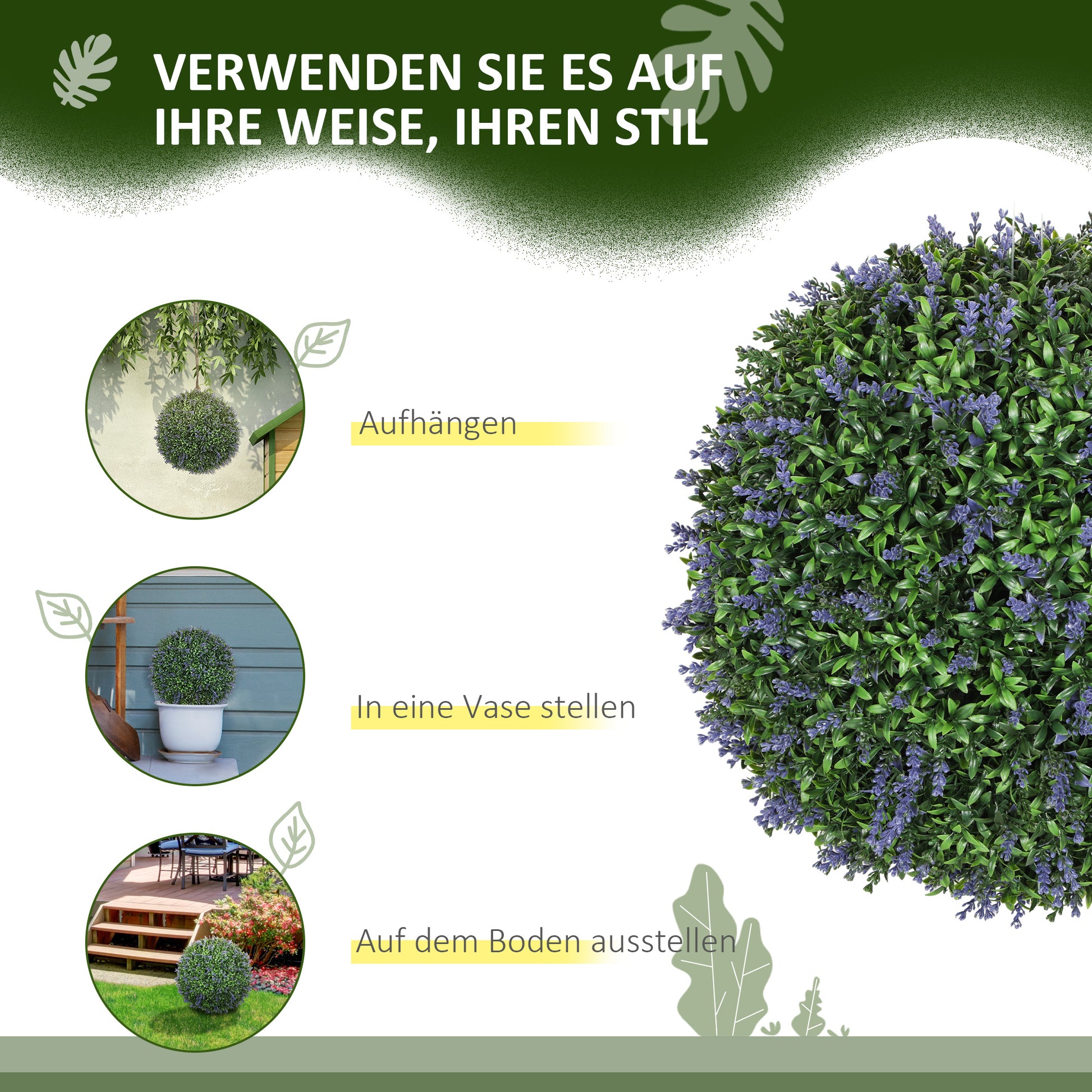 Set of 2 Artificial Lavender, 42 cm Indoor Plant, Artificial Plant in Sphere Shape, Large Decorative Artificial Flowers for Home, Office, Hallway, Garden, Violet+Green
