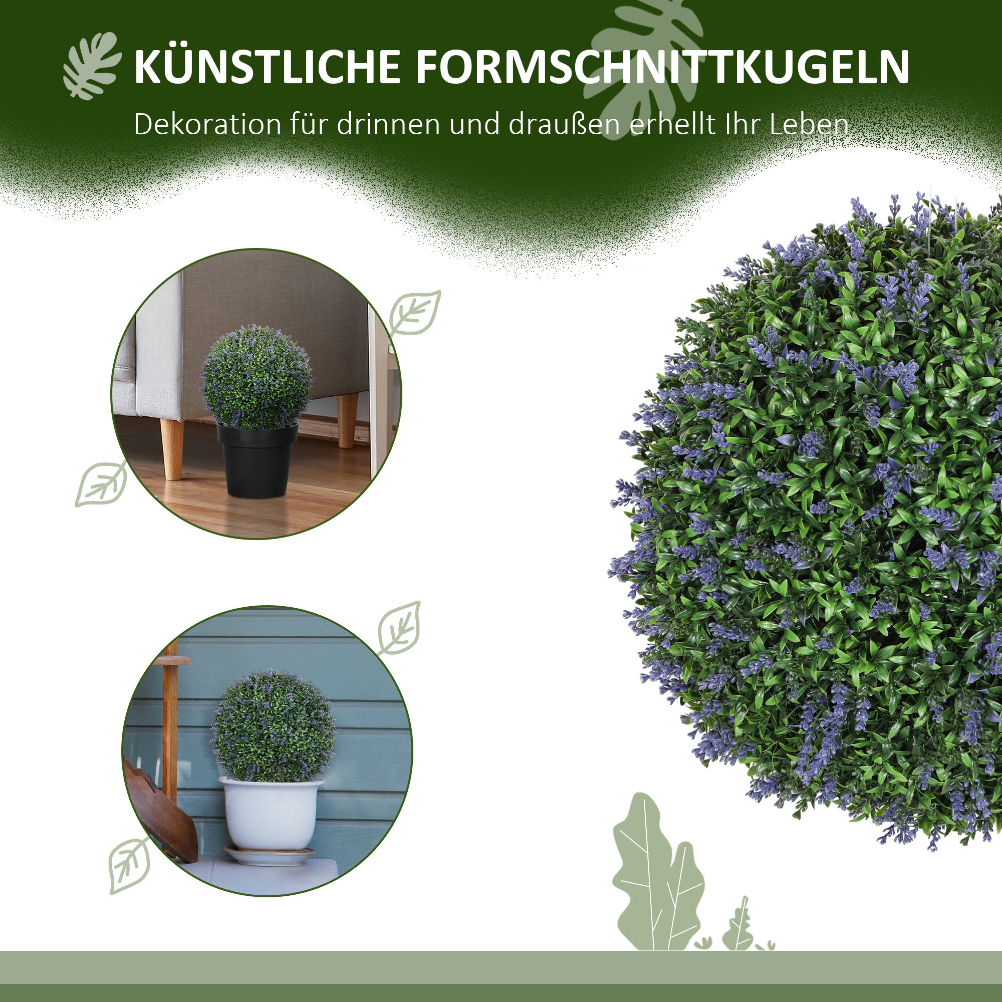 Set of 2 Artificial Lavender, 42 cm Indoor Plant, Artificial Plant in Sphere Shape, Large Decorative Artificial Flowers for Home, Office, Hallway, Garden, Violet+Green