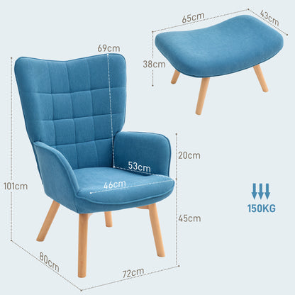 Chair with Ottoman, Wingback Chair with High Backrest, Wooden Legs, Lounge Chair with Tufted Design, Corduroy Look, for Living Room, Blue