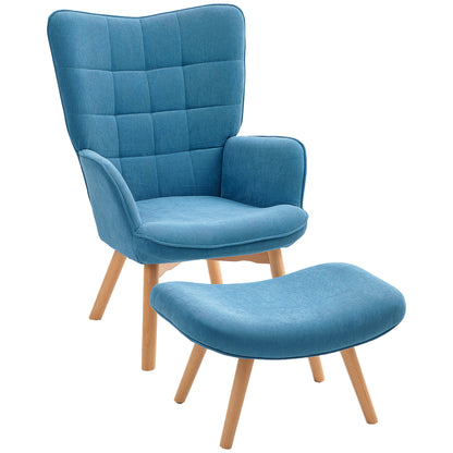 Chair with Ottoman, Wingback Chair with High Backrest, Wooden Legs, Lounge Chair with Tufted Design, Corduroy Look, for Living Room, Blue