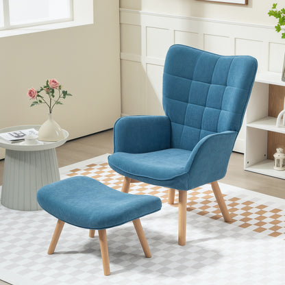 Chair with Ottoman, Wingback Chair with High Backrest, Wooden Legs, Lounge Chair with Tufted Design, Corduroy Look, for Living Room, Blue