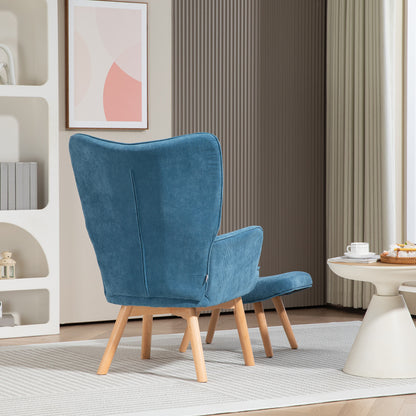 Chair with Ottoman, Wingback Chair with High Backrest, Wooden Legs, Lounge Chair with Tufted Design, Corduroy Look, for Living Room, Blue