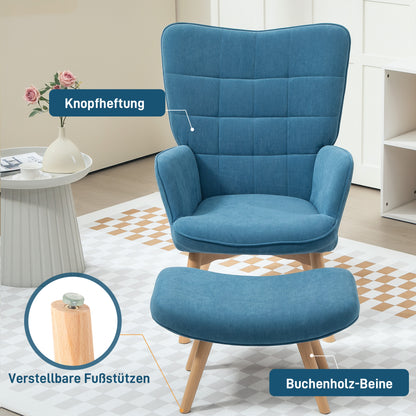 Chair with Ottoman, Wingback Chair with High Backrest, Wooden Legs, Lounge Chair with Tufted Design, Corduroy Look, for Living Room, Blue