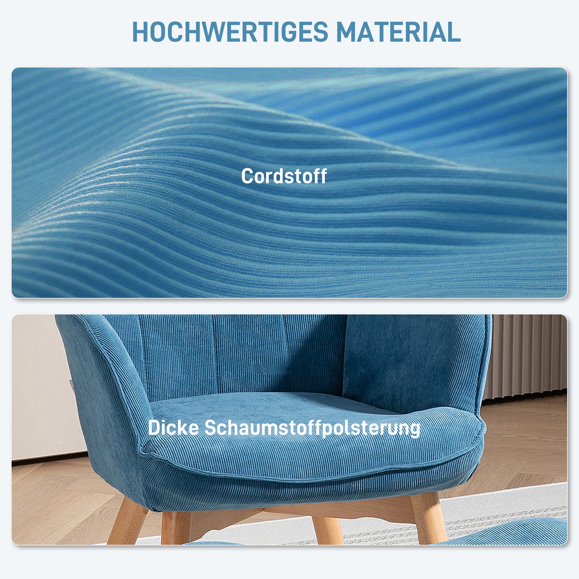 Chair with Ottoman, Wingback Chair with High Backrest, Wooden Legs, Lounge Chair with Tufted Design, Corduroy Look, for Living Room, Blue