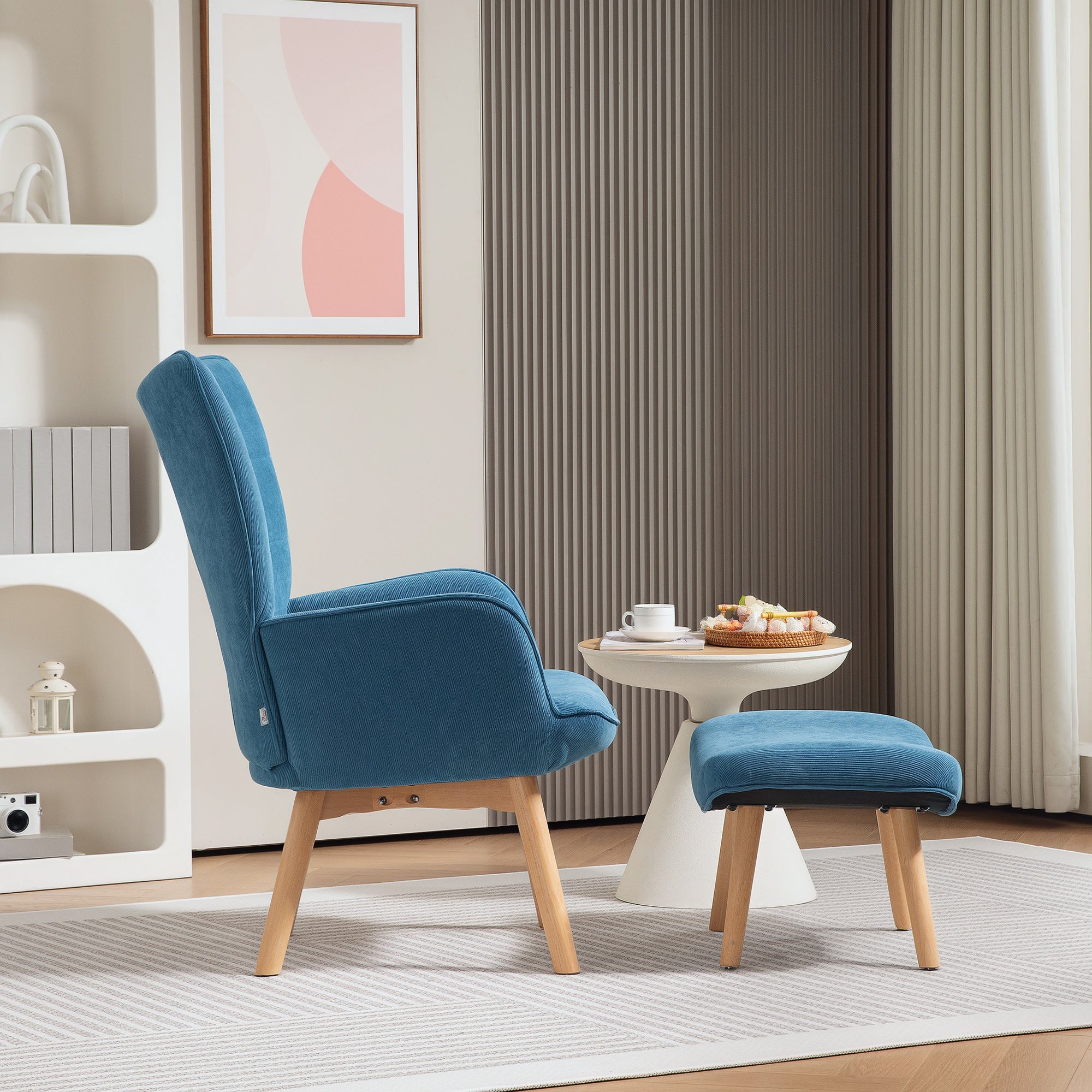 Chair with Ottoman, Wingback Chair with High Backrest, Wooden Legs, Lounge Chair with Tufted Design, Corduroy Look, for Living Room, Blue