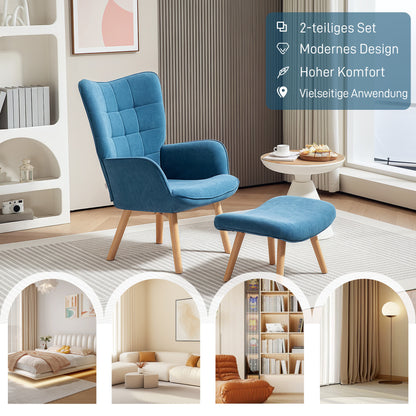 Chair with Ottoman, Wingback Chair with High Backrest, Wooden Legs, Lounge Chair with Tufted Design, Corduroy Look, for Living Room, Blue