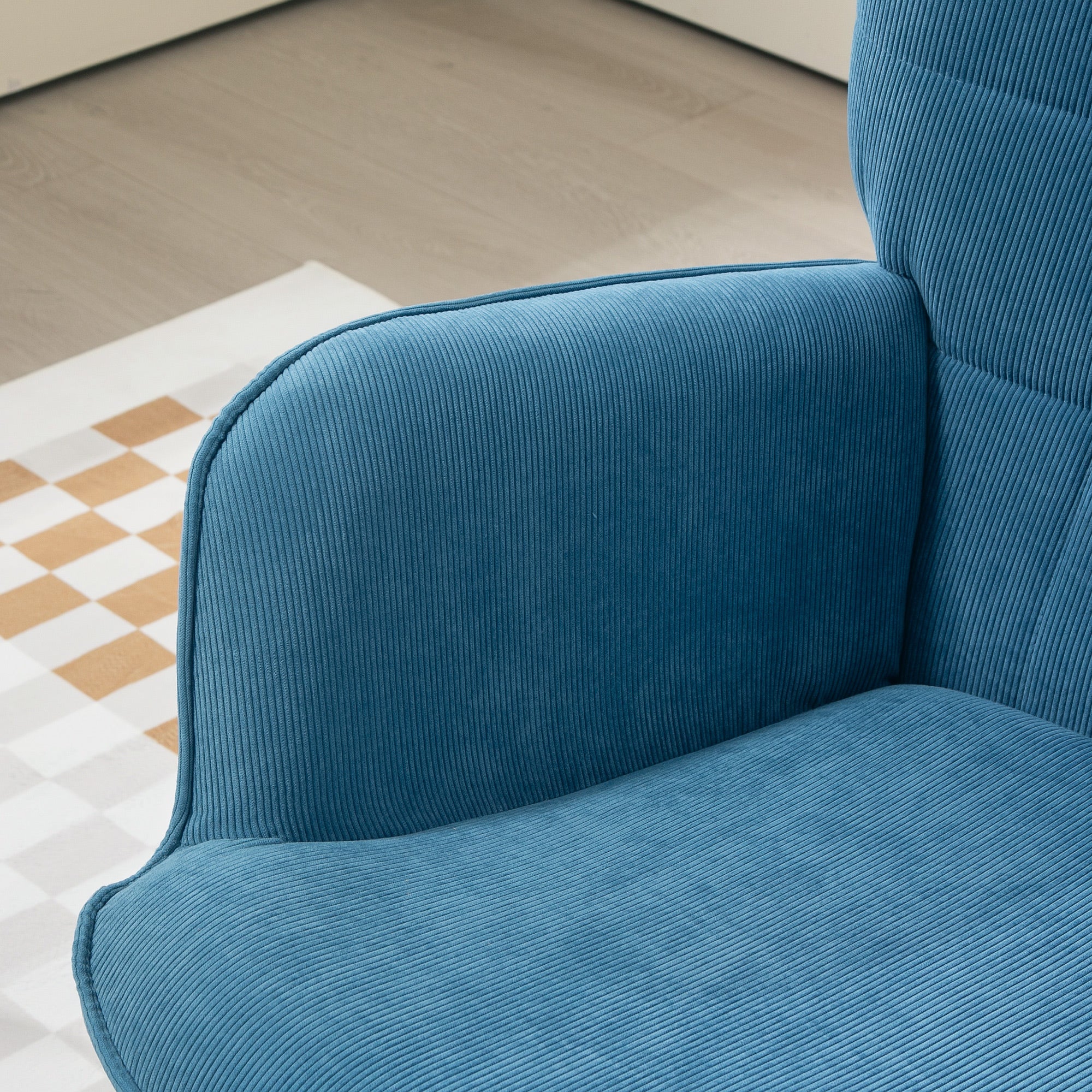 Chair with Ottoman, Wingback Chair with High Backrest, Wooden Legs, Lounge Chair with Tufted Design, Corduroy Look, for Living Room, Blue