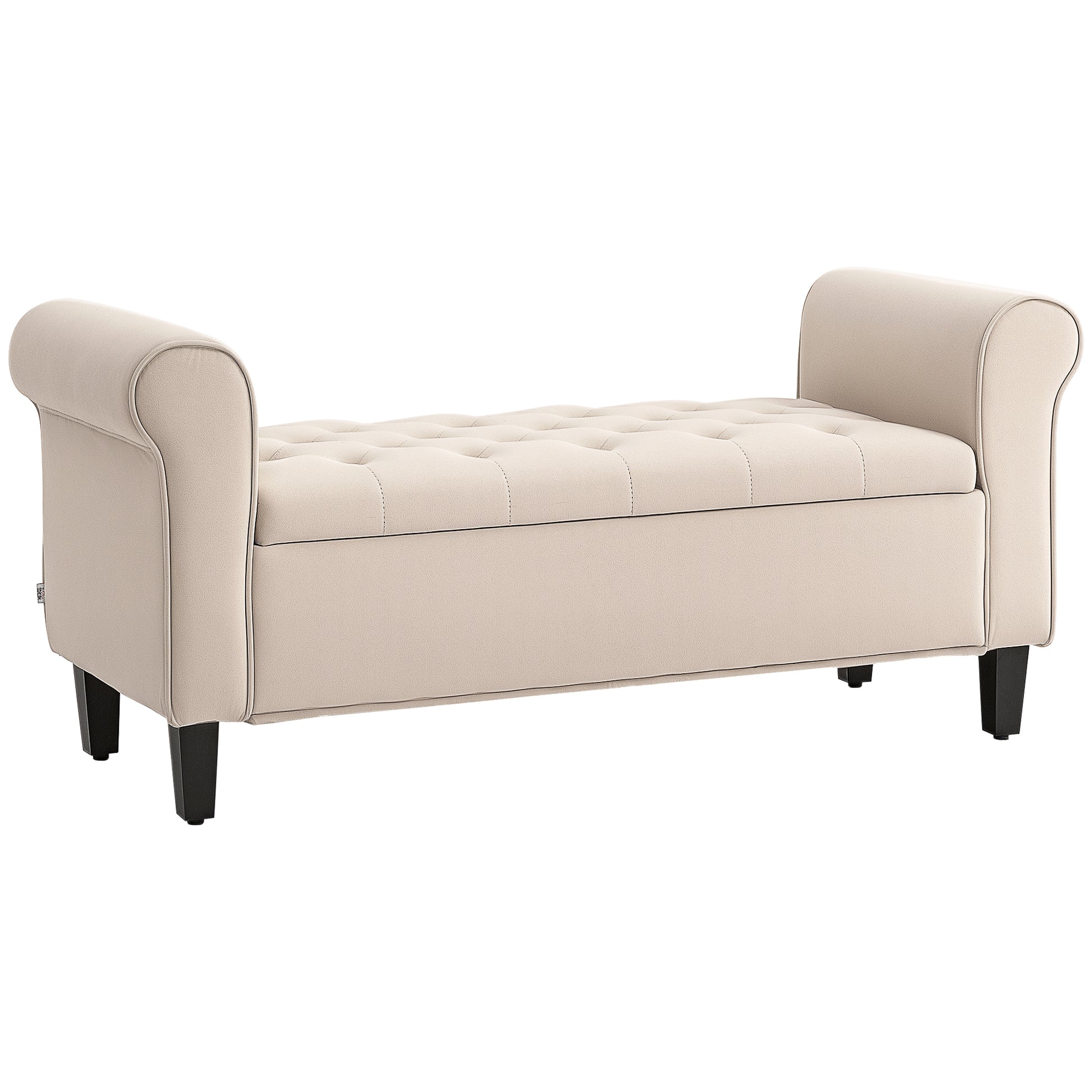 Bedroom Bench with Storage Compartment and Rolled Armrests, Upholstered Bench in Velvet Effect Fabric, for Entryway and Living Room, 126x48.5x57 cm, Beige