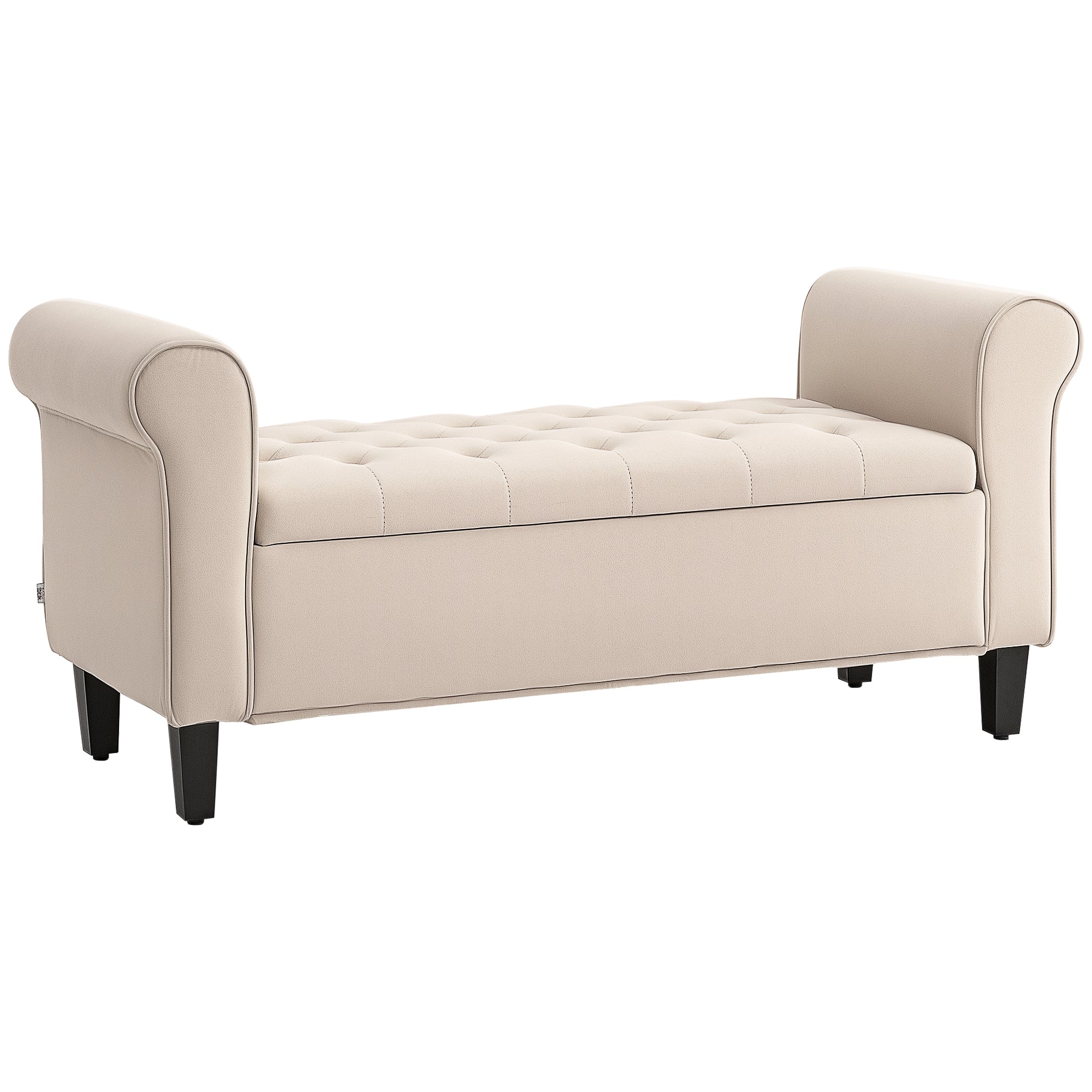 Bedroom Bench with Storage Compartment and Rolled Armrests, Upholstered Bench in Velvet Effect Fabric, for Entryway and Living Room, 126x48.5x57 cm, Beige
