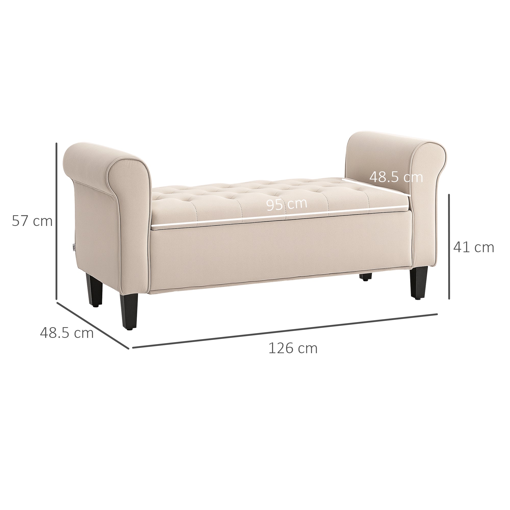 Bedroom Bench with Storage Compartment and Rolled Armrests, Upholstered Bench in Velvet Effect Fabric, for Entryway and Living Room, 126x48.5x57 cm, Beige
