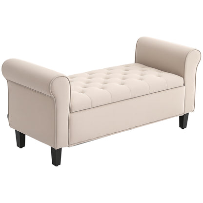 Bedroom Bench with Storage Compartment and Rolled Armrests, Upholstered Bench in Velvet Effect Fabric, for Entryway and Living Room, 126x48.5x57 cm, Beige
