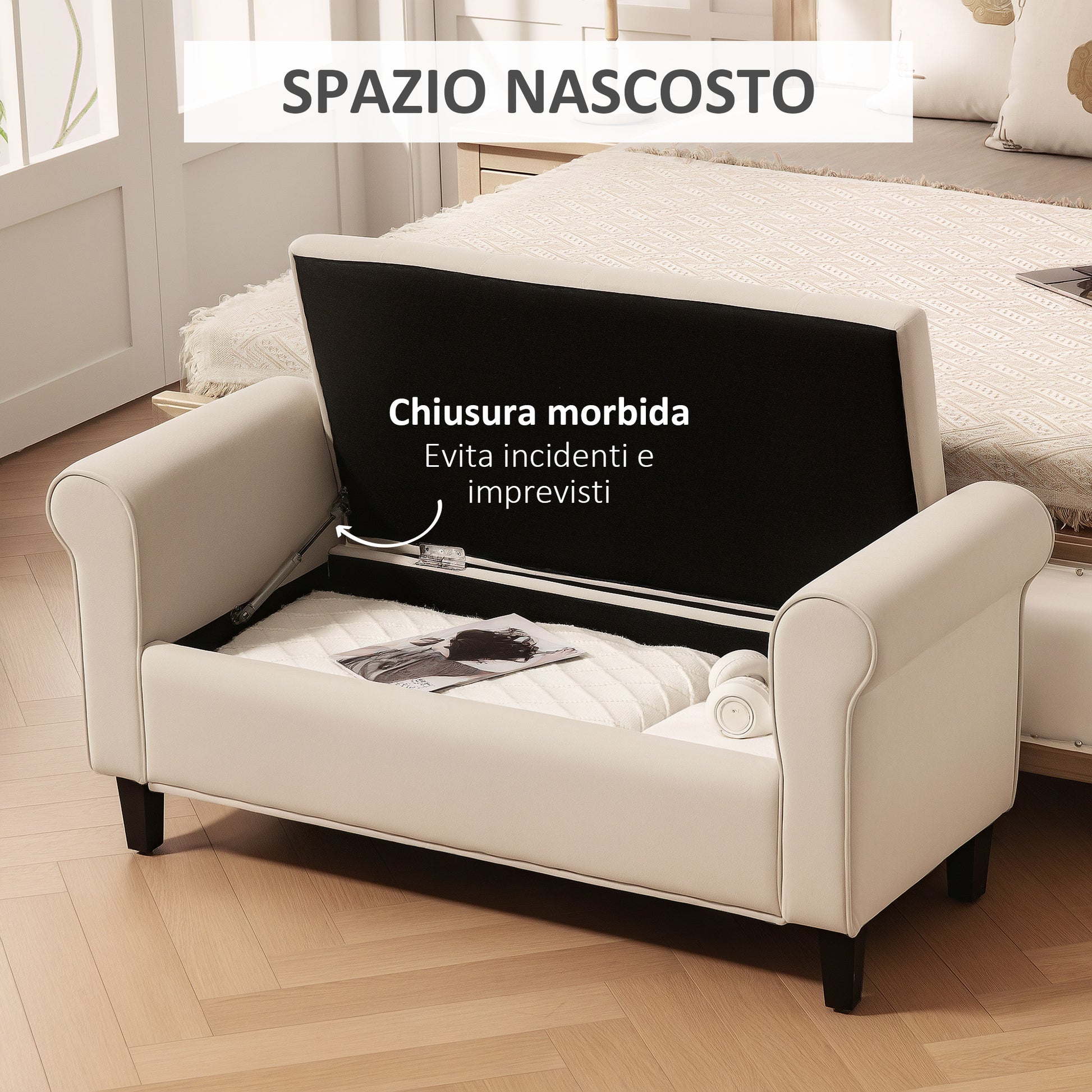 Bedroom Bench with Storage Compartment and Rolled Armrests, Upholstered Bench in Velvet Effect Fabric, for Entryway and Living Room, 126x48.5x57 cm, Beige