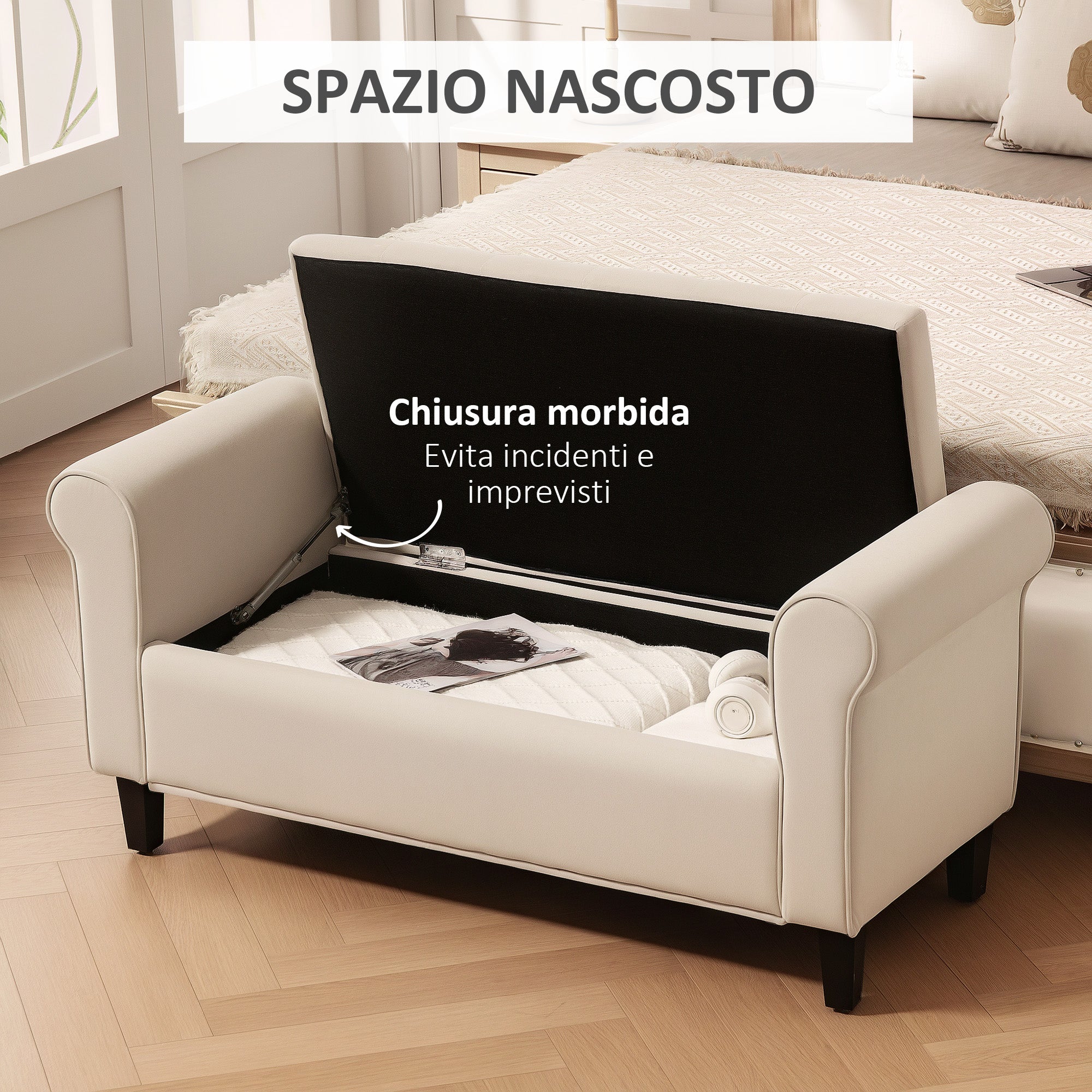 Bedroom Bench with Storage Compartment and Rolled Armrests, Upholstered Bench in Velvet Effect Fabric, for Entryway and Living Room, 126x48.5x57 cm, Beige