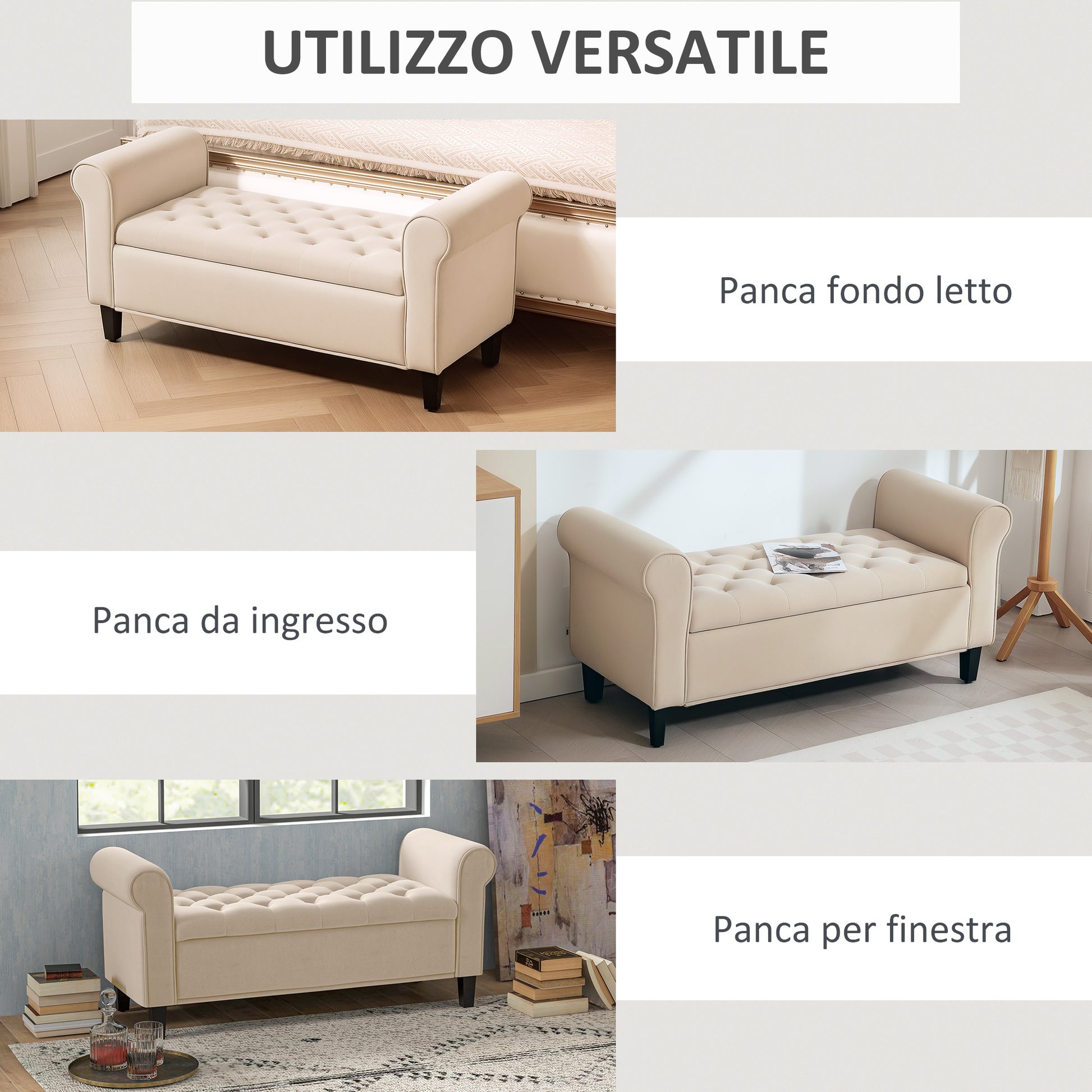 Bedroom Bench with Storage Compartment and Rolled Armrests, Upholstered Bench in Velvet Effect Fabric, for Entryway and Living Room, 126x48.5x57 cm, Beige