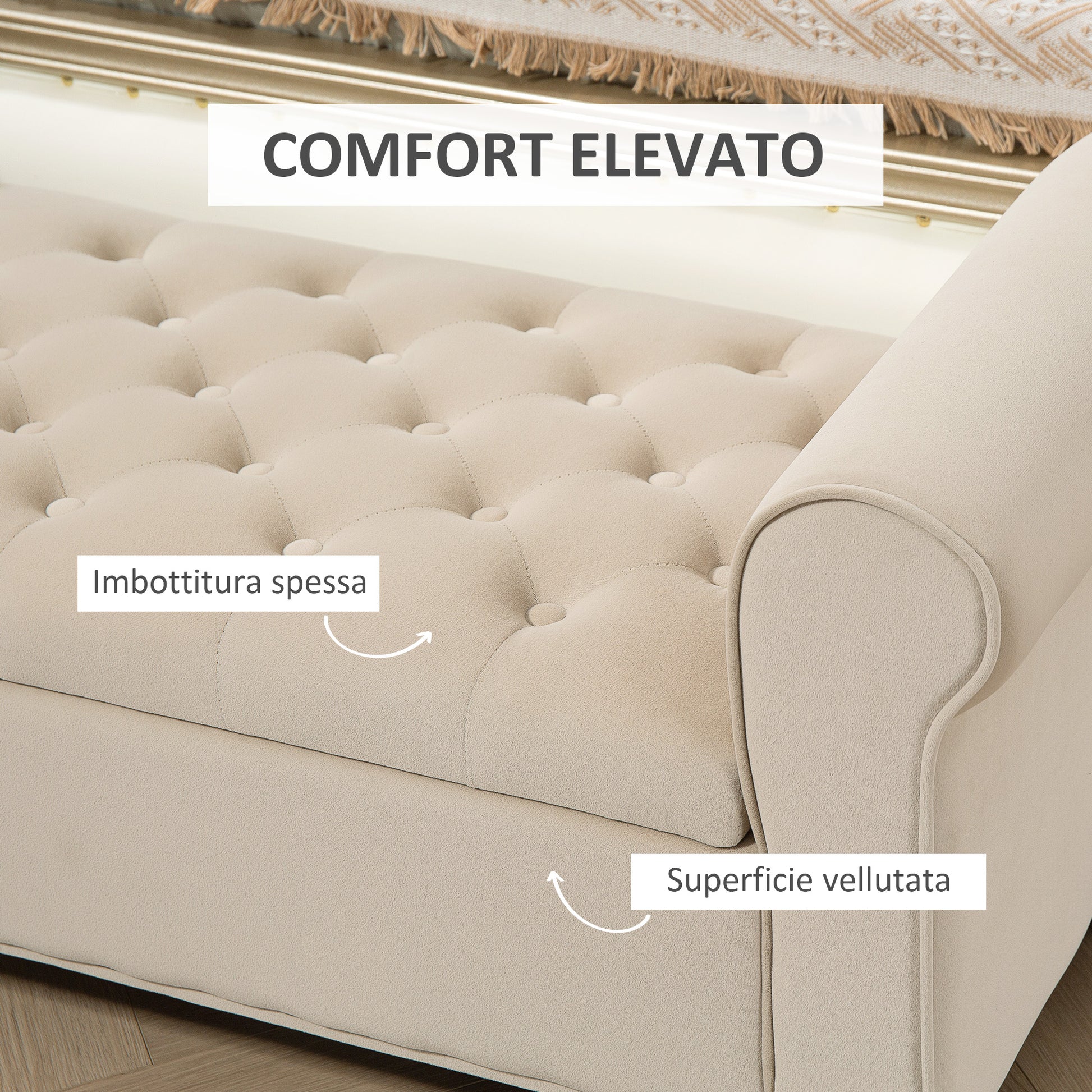 Bedroom Bench with Storage Compartment and Rolled Armrests, Upholstered Bench in Velvet Effect Fabric, for Entryway and Living Room, 126x48.5x57 cm, Beige