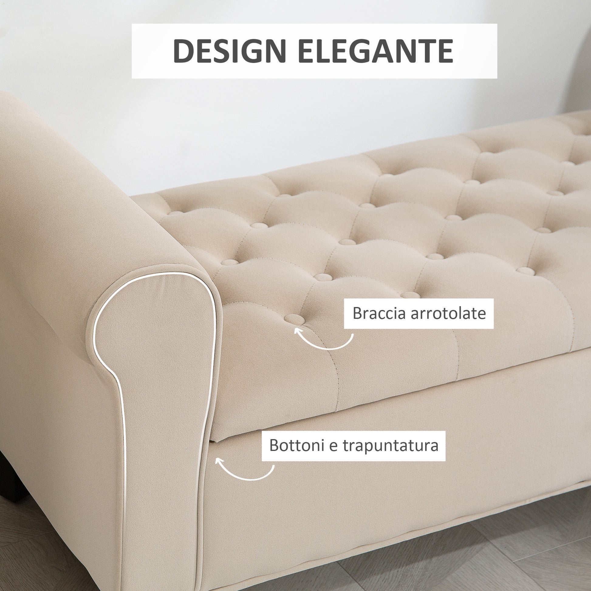 Bedroom Bench with Storage Compartment and Rolled Armrests, Upholstered Bench in Velvet Effect Fabric, for Entryway and Living Room, 126x48.5x57 cm, Beige