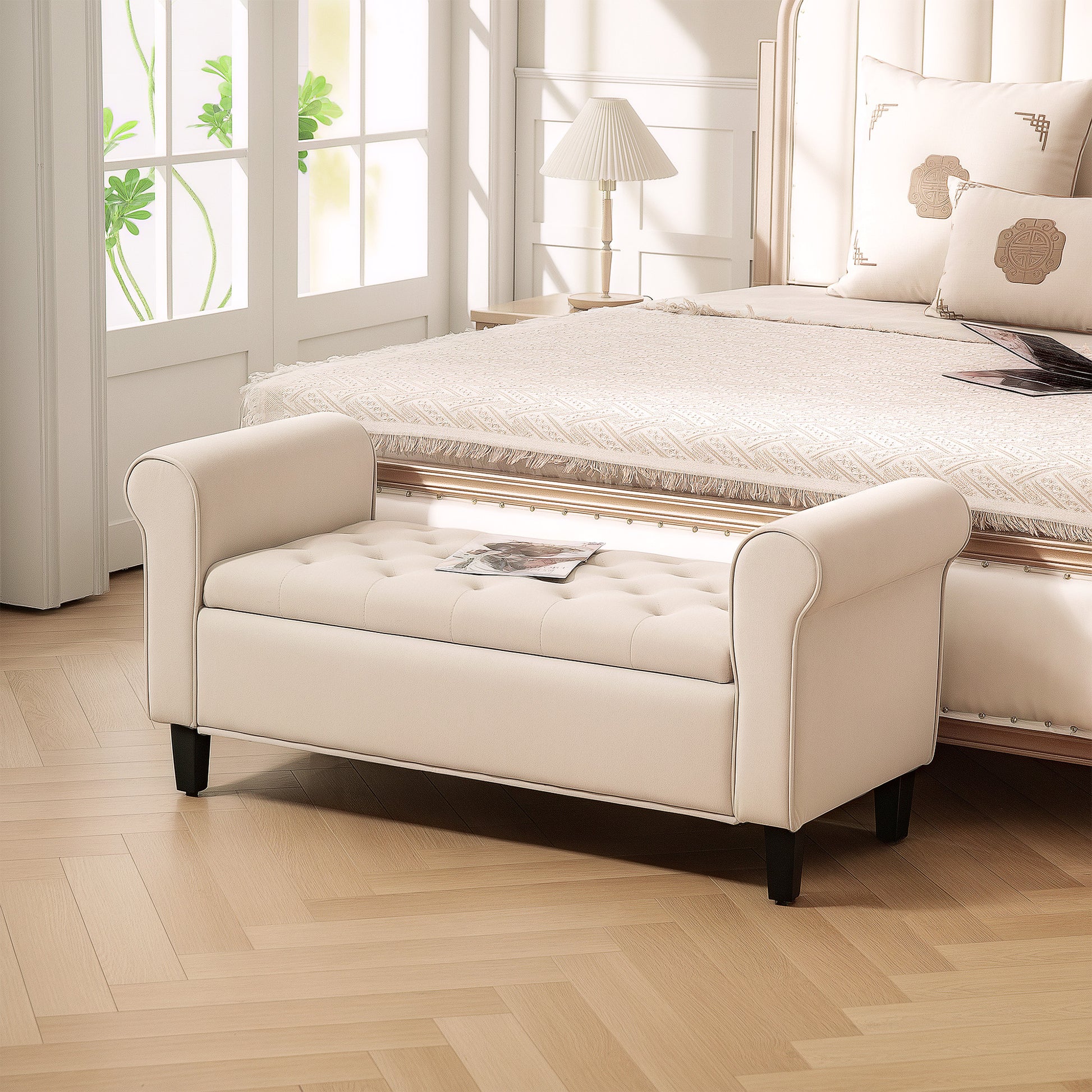Bedroom Bench with Storage Compartment and Rolled Armrests, Upholstered Bench in Velvet Effect Fabric, for Entryway and Living Room, 126x48.5x57 cm, Beige