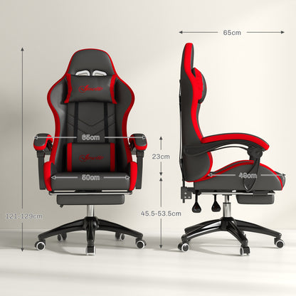 Ergonomic Gaming Chair in PU Leather and Steel with Headrest and Adjustable Height, Reclining Backrest and Lumbar Pillow, 65x65x121-129 cm, Black and Red