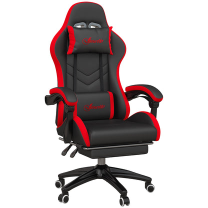 Ergonomic Gaming Chair in PU Leather and Steel with Headrest and Adjustable Height, Reclining Backrest and Lumbar Pillow, 65x65x121-129 cm, Black and Red