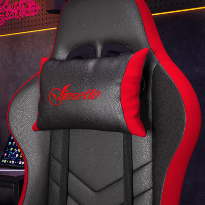 Ergonomic Gaming Chair in PU Leather and Steel with Headrest and Adjustable Height, Reclining Backrest and Lumbar Pillow, 65x65x121-129 cm, Black and Red