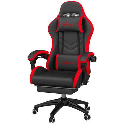 Ergonomic Gaming Chair in PU Leather and Steel with Headrest and Adjustable Height, Reclining Backrest and Lumbar Pillow, 65x65x121-129 cm, Black and Red