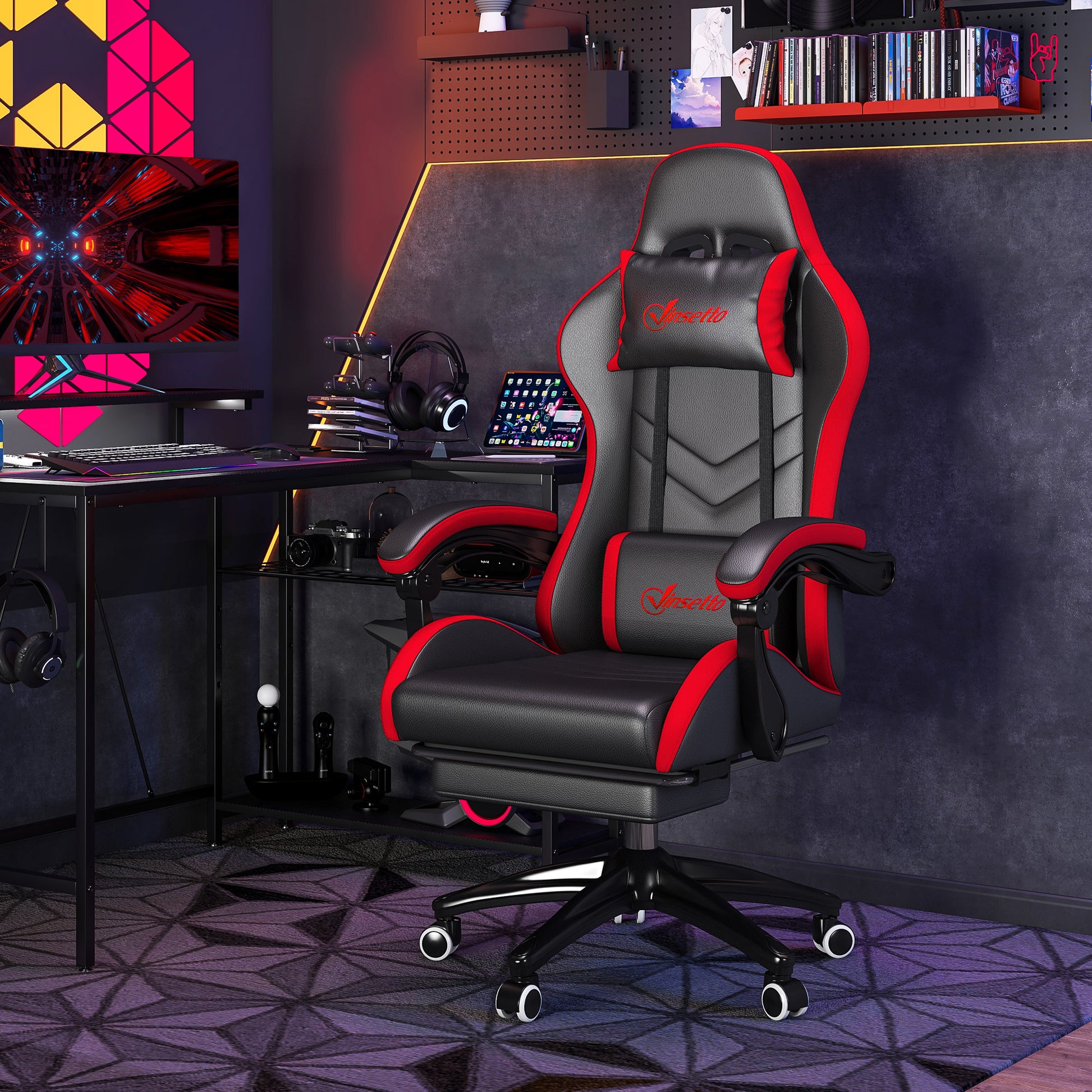 Ergonomic Gaming Chair in PU Leather and Steel with Headrest and Adjustable Height, Reclining Backrest and Lumbar Pillow, 65x65x121-129 cm, Black and Red