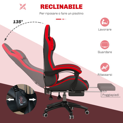 Ergonomic Gaming Chair in PU Leather and Steel with Headrest and Adjustable Height, Reclining Backrest and Lumbar Pillow, 65x65x121-129 cm, Black and Red