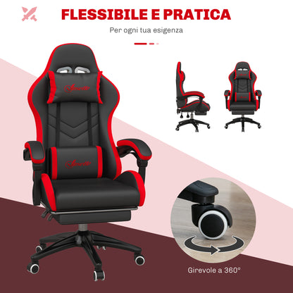Ergonomic Gaming Chair in PU Leather and Steel with Headrest and Adjustable Height, Reclining Backrest and Lumbar Pillow, 65x65x121-129 cm, Black and Red