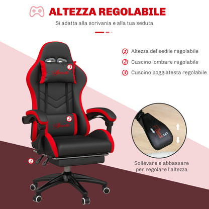Ergonomic Gaming Chair in PU Leather and Steel with Headrest and Adjustable Height, Reclining Backrest and Lumbar Pillow, 65x65x121-129 cm, Black and Red