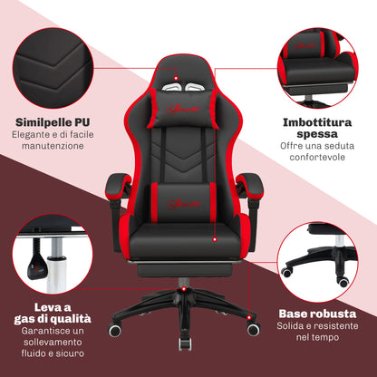 Ergonomic Gaming Chair in PU Leather and Steel with Headrest and Adjustable Height, Reclining Backrest and Lumbar Pillow, 65x65x121-129 cm, Black and Red