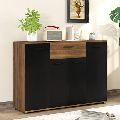Brown and Black Buffet Storage Cabinet with 4 Cabinets, Drawers, and Adjustable Shelves, Dim. 120 x 35 x 85 cm