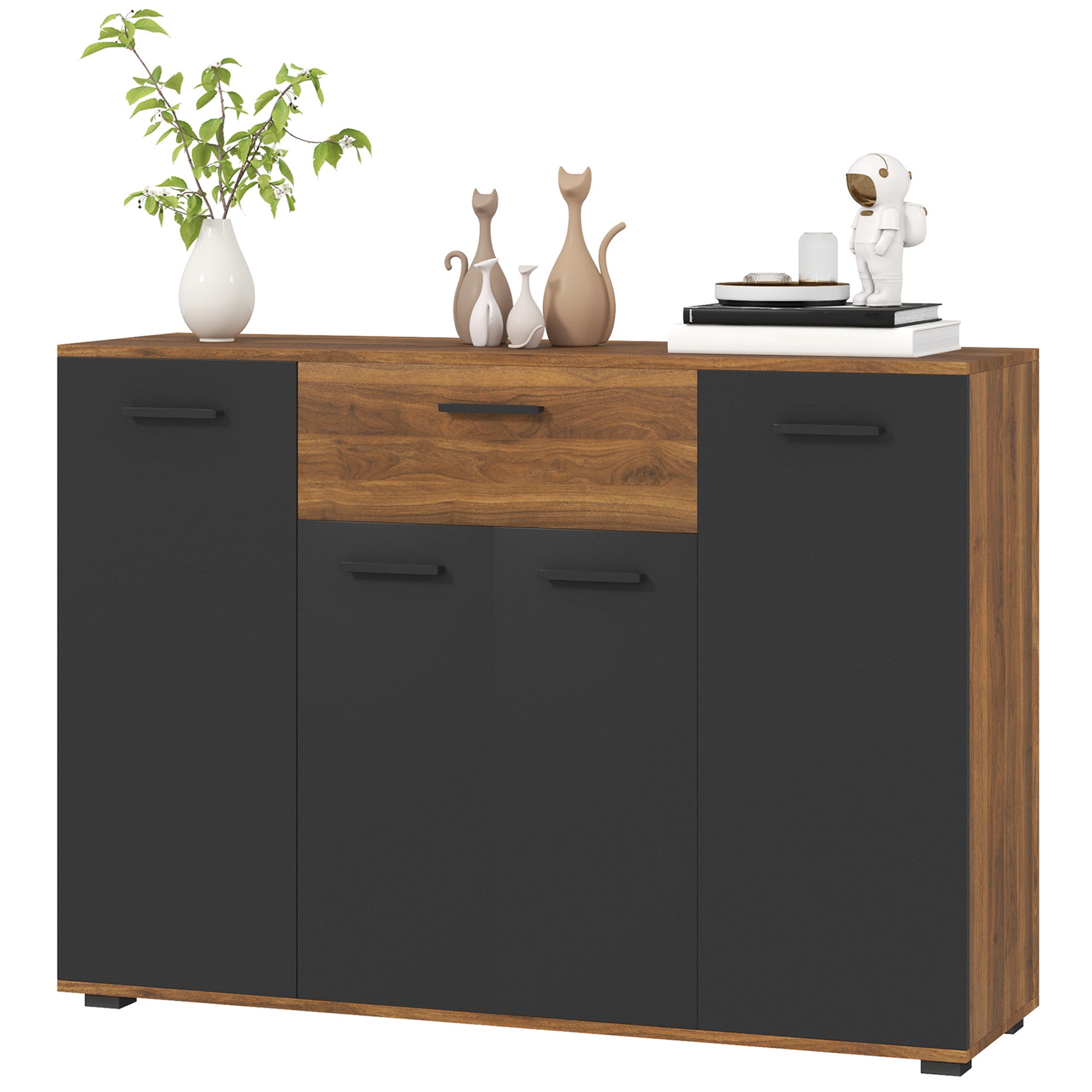 Brown and Black Buffet Storage Cabinet with 4 Cabinets, Drawers, and Adjustable Shelves, Dim. 120 x 35 x 85 cm