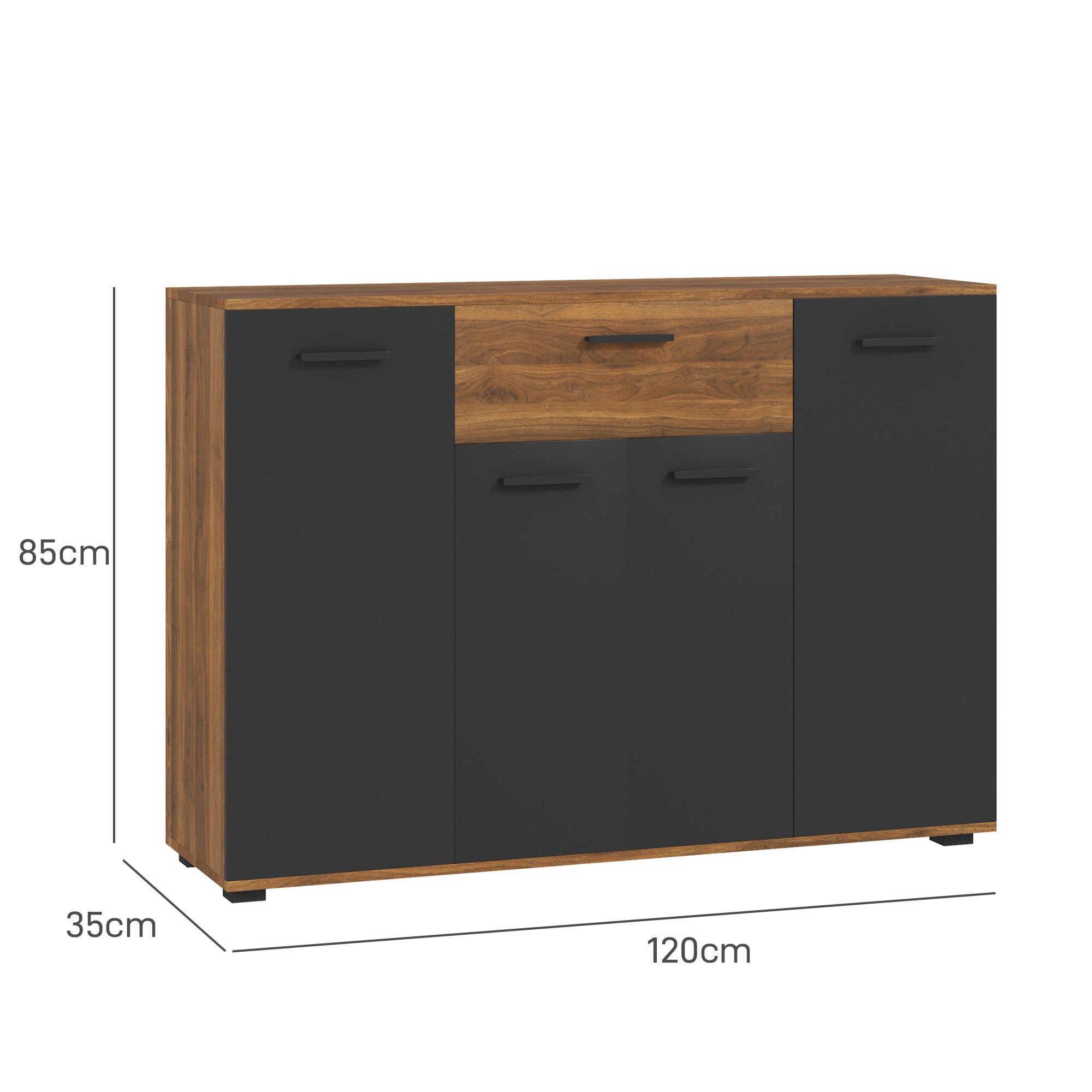 Brown and Black Buffet Storage Cabinet with 4 Cabinets, Drawers, and Adjustable Shelves, Dim. 120 x 35 x 85 cm