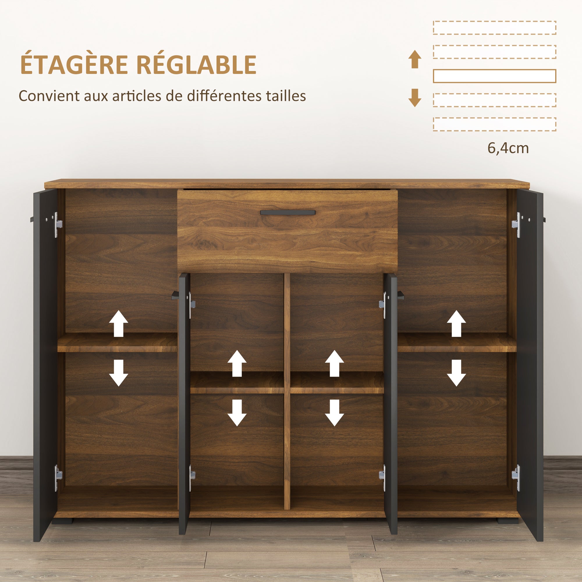 Brown and Black Buffet Storage Cabinet with 4 Cabinets, Drawers, and Adjustable Shelves, Dim. 120 x 35 x 85 cm