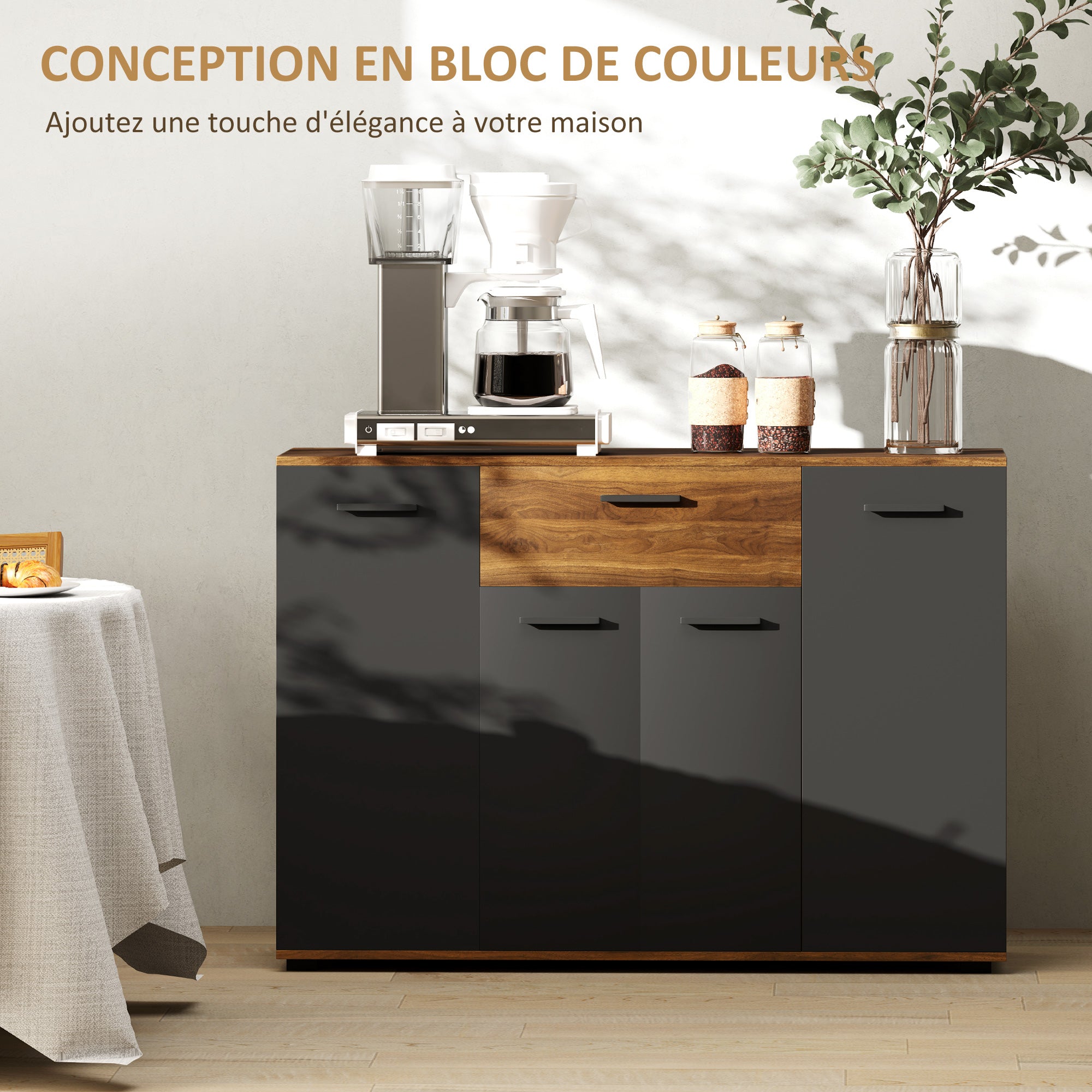 Brown and Black Buffet Storage Cabinet with 4 Cabinets, Drawers, and Adjustable Shelves, Dim. 120 x 35 x 85 cm