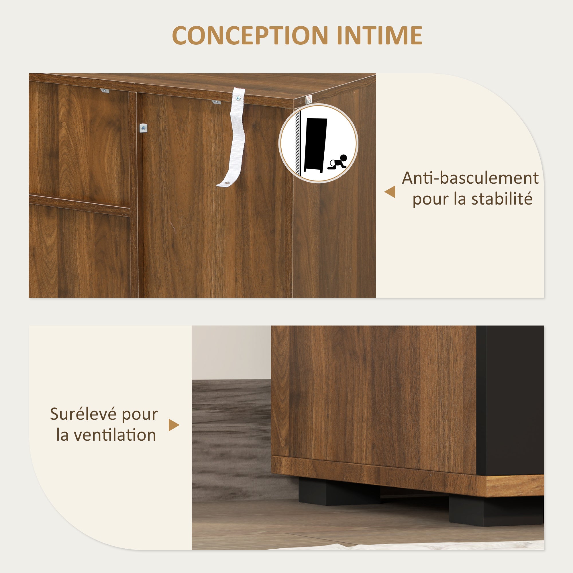 Brown and Black Buffet Storage Cabinet with 4 Cabinets, Drawers, and Adjustable Shelves, Dim. 120 x 35 x 85 cm
