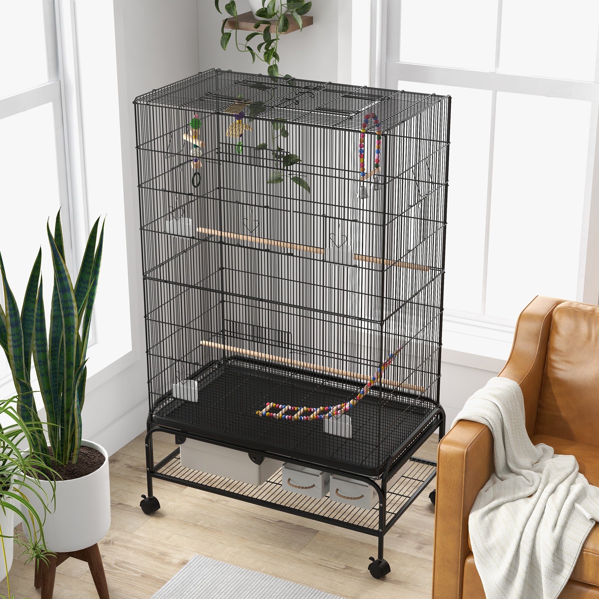 Bird Cage Bird Aviary with Perches, Wheels, Bottom Tray, Metal Birdhouse with Doors, Bird Toys, Budgerigar Cage for Birds, 97 x 58 x 160 cm