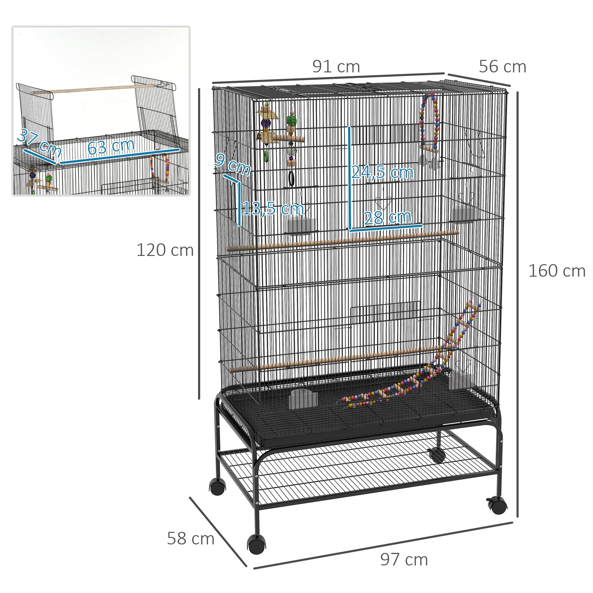 Bird Cage Bird Aviary with Perches, Wheels, Bottom Tray, Metal Birdhouse with Doors, Bird Toys, Budgerigar Cage for Birds, 97 x 58 x 160 cm