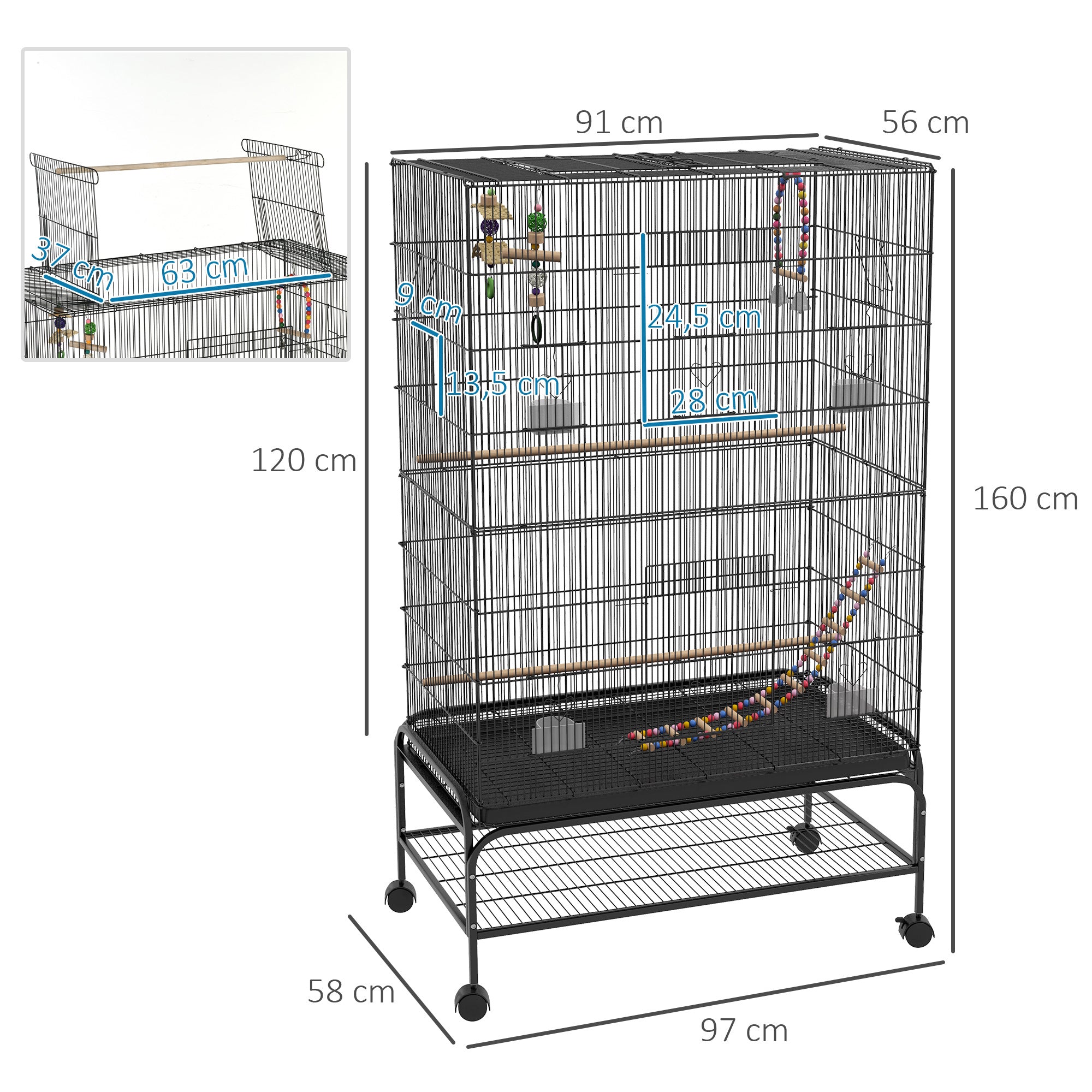 Bird Cage Bird Aviary with Perches, Wheels, Bottom Tray, Metal Birdhouse with Doors, Bird Toys, Budgerigar Cage for Birds, 97 x 58 x 160 cm