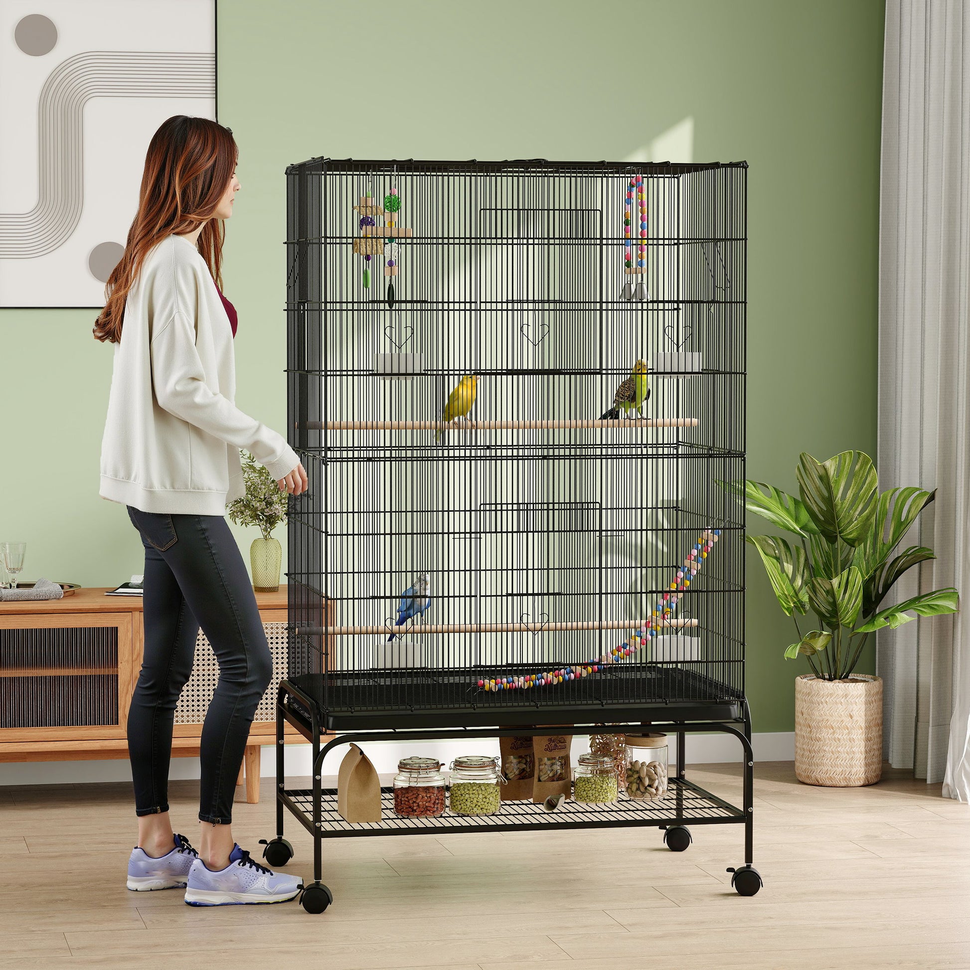 Bird Cage Bird Aviary with Perches, Wheels, Bottom Tray, Metal Birdhouse with Doors, Bird Toys, Budgerigar Cage for Birds, 97 x 58 x 160 cm