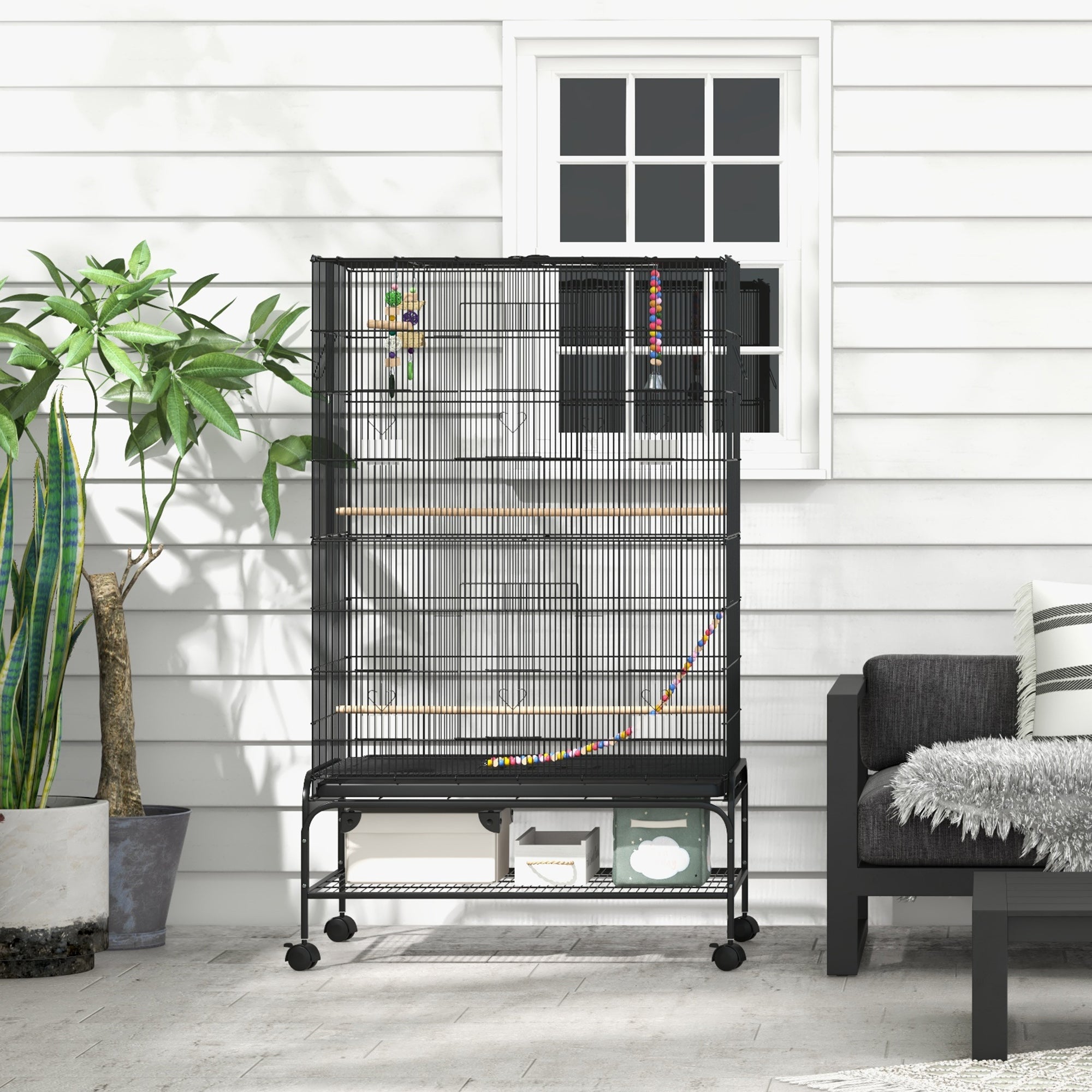 Bird Cage Bird Aviary with Perches, Wheels, Bottom Tray, Metal Birdhouse with Doors, Bird Toys, Budgerigar Cage for Birds, 97 x 58 x 160 cm
