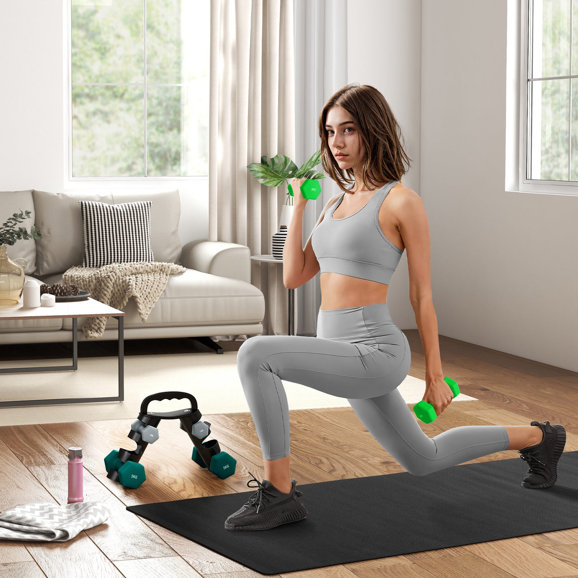 SPORTNOW Dumbbell Set 6 Dumbbells with Foldable Dumbbell Stand, 2 x 1kg, 2 x 3kg, 2 x 5kg Hex Dumbbells, Kettlebell for Fitness, Gymnastics, Home