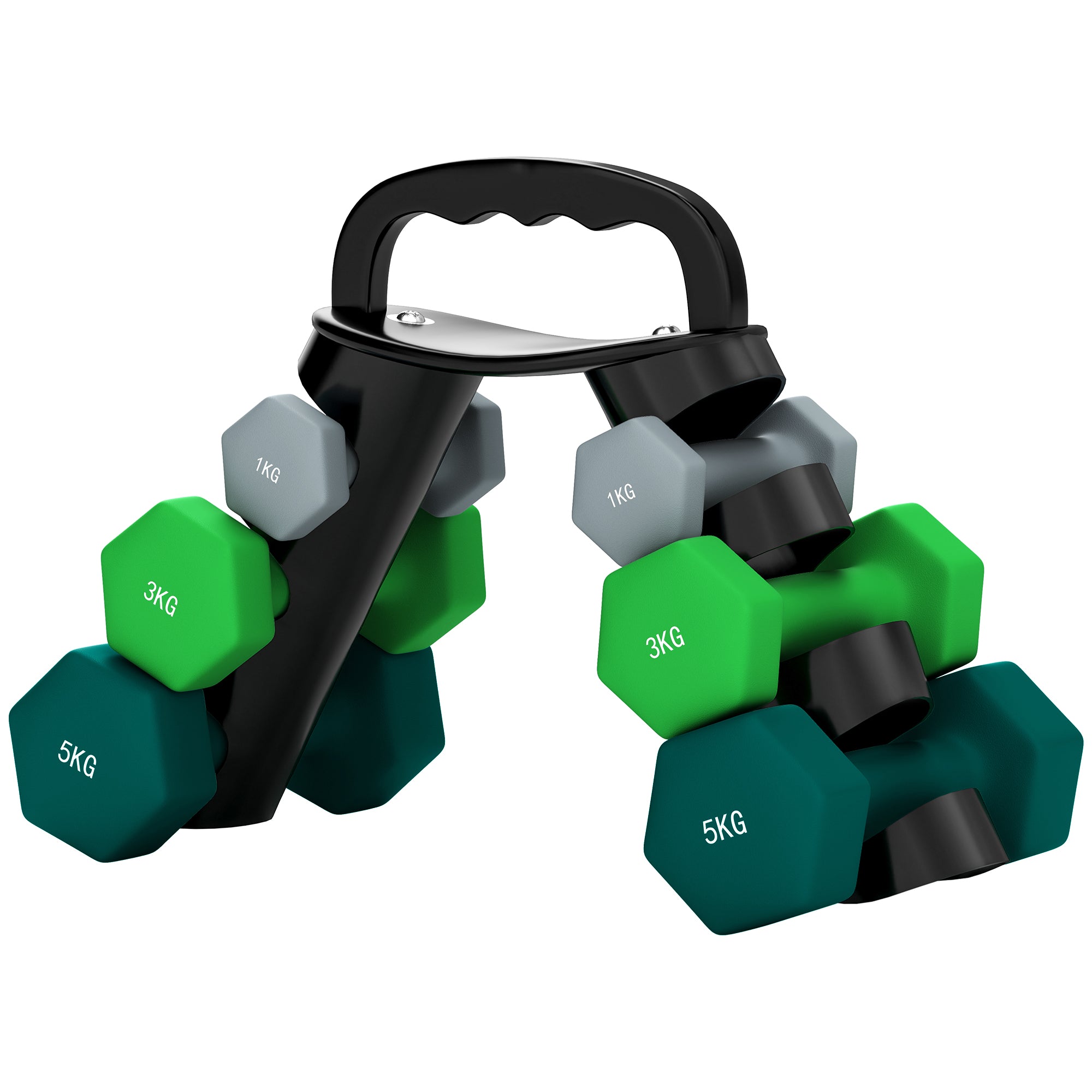 SPORTNOW Dumbbell Set 6 Dumbbells with Foldable Dumbbell Stand, 2 x 1kg, 2 x 3kg, 2 x 5kg Hex Dumbbells, Kettlebell for Fitness, Gymnastics, Home
