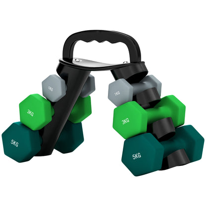 SPORTNOW Dumbbell Set 6 Dumbbells with Foldable Dumbbell Stand, 2 x 1kg, 2 x 3kg, 2 x 5kg Hex Dumbbells, Kettlebell for Fitness, Gymnastics, Home