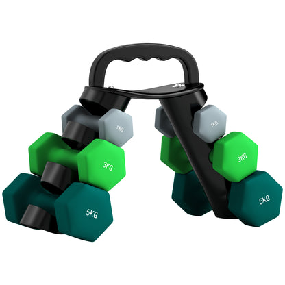SPORTNOW Dumbbell Set 6 Dumbbells with Foldable Dumbbell Stand, 2 x 1kg, 2 x 3kg, 2 x 5kg Hex Dumbbells, Kettlebell for Fitness, Gymnastics, Home